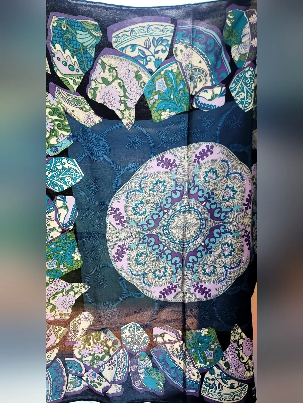 Vintage Chinese Pottery Print Blue Purple Hand Rolled Silk Scarf 26